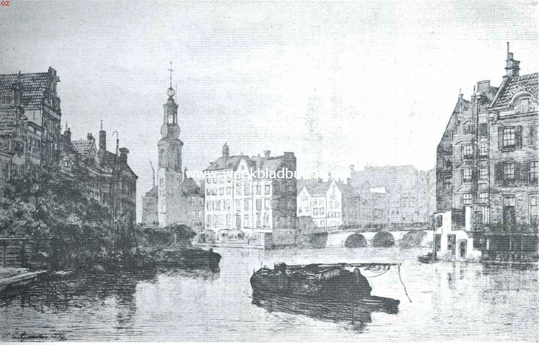 Op en om het Sophiaplein. Munttoren en Engelsche huizen, uit den Amstel gezien. Naar een ets van J.C. Greive Jr.