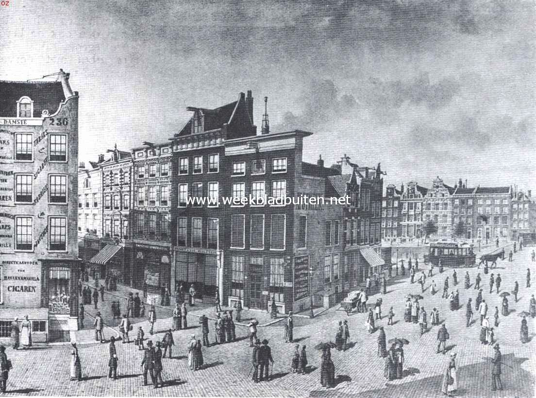 Op en om het Sophiaplein. Kalverstraat, hoek Sophiaplein. Naar een aquarel van J.M.A. Rieke, 1889