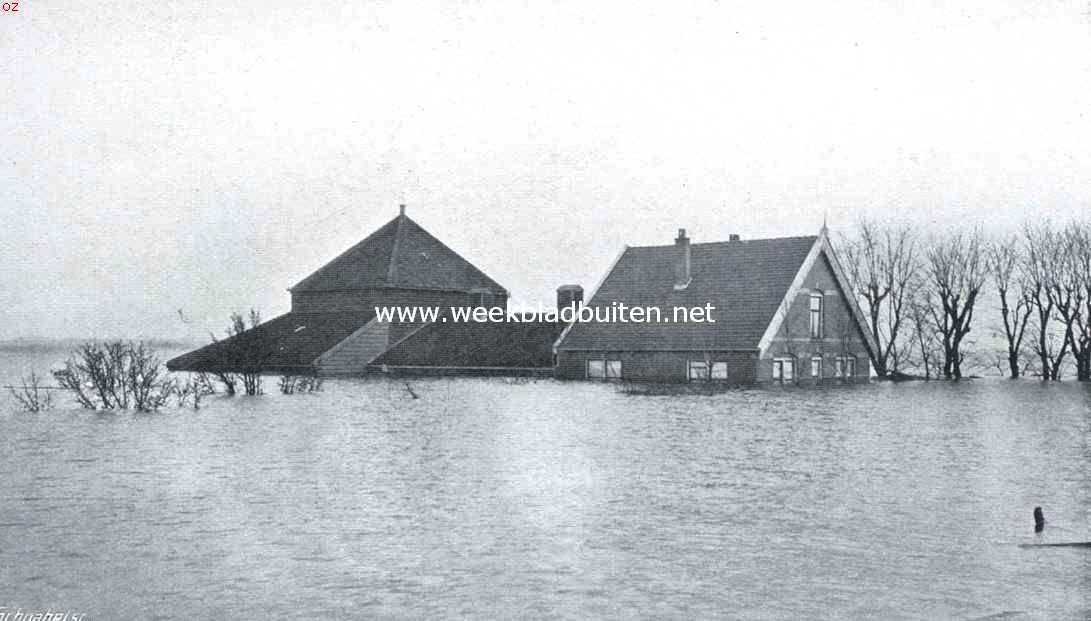De watersnood in Noord-Holland. De diep in het water staande boerderij 