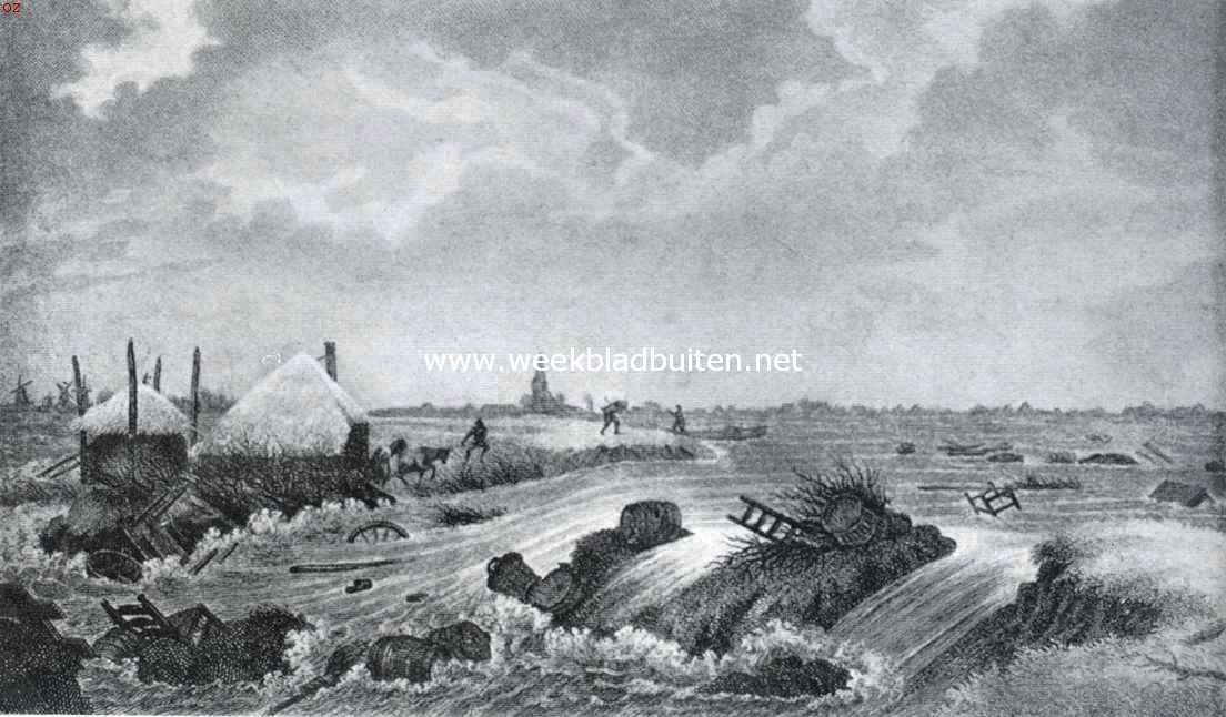 Overstroomingen in vroeger tijd. Het doorbreken van den dijk van de Wijde Wormer, in den morgen van 6 Februari 1825, gezien van Purmerland. Naar een teekening in het Rijksprentenkabinet