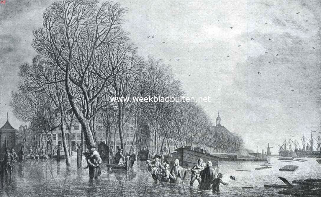 Overstroomingen in vroeger tijd. Het overstroomde Kattenburgerplein te Amsterdam, in den morgen van 15 November 1775. Naar een gravure in 's Rijksprentenkabinet