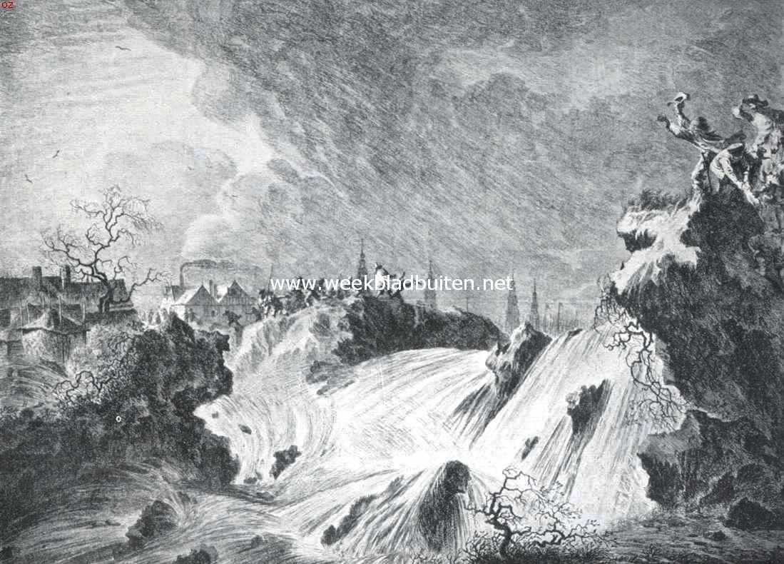 Overstroomingen in vroeger tijd. Het doorbreken van den St. Anthonisdijk buiten Amsterdam, ten gevolge van een hoogen vloed met sterken noordwestenwind, op 5 Maart 1651, bij welke gelegenheid het water nog 3 duim hooger werd bevonden dan in den bekenden Allerheiligenvloed van 1570. Naar een gravure door P. Nolpe, naar W. Schellinckx in 's Rijksprentenkabinet