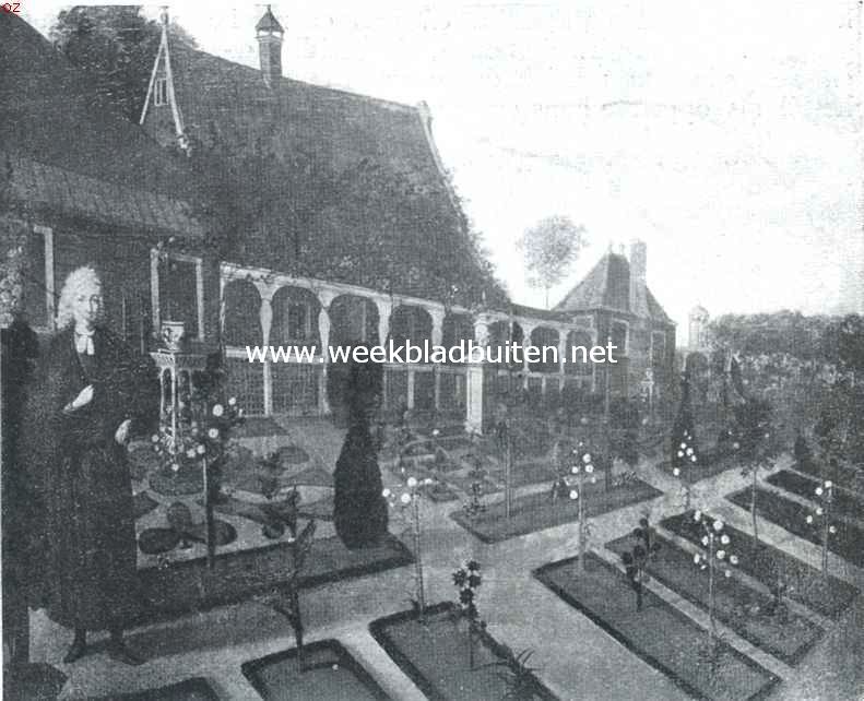 Ontwerp eener moderne schoonheidsleer voor den tuinaanleg. Stadstuin in de 17de eeuw. (Gerard de Rijp, staande in zijn hof). Naar de schilderij van een onbekenden meester. Het verschijnsel onder de vorige afbeelding genoemd, is in verschillende phasen van  ontwikkeling waar te nemen, in alle natuurlijke pogingen van den wilde nabij zijn hut; in die van den hedendaagschen boer; in den tuin door het spelend kind in het zand ontworpen of in een hoekje van het erf der ouderlijke woning aangelegd