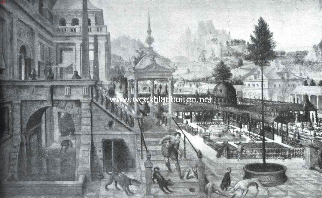 Ontwerp eener moderne schoonheidsleer voor den tuinaanleg. Kasteeltuin omstreeks 1580. Naar de schilderij van Hans Vredeman de Vries. Datzelfde beginsel ligt nog ten grondslag aan de moestuin, aan de rabatten en, aan de rijkst versierde zoowel als aan de eenvoudigste bloemperken