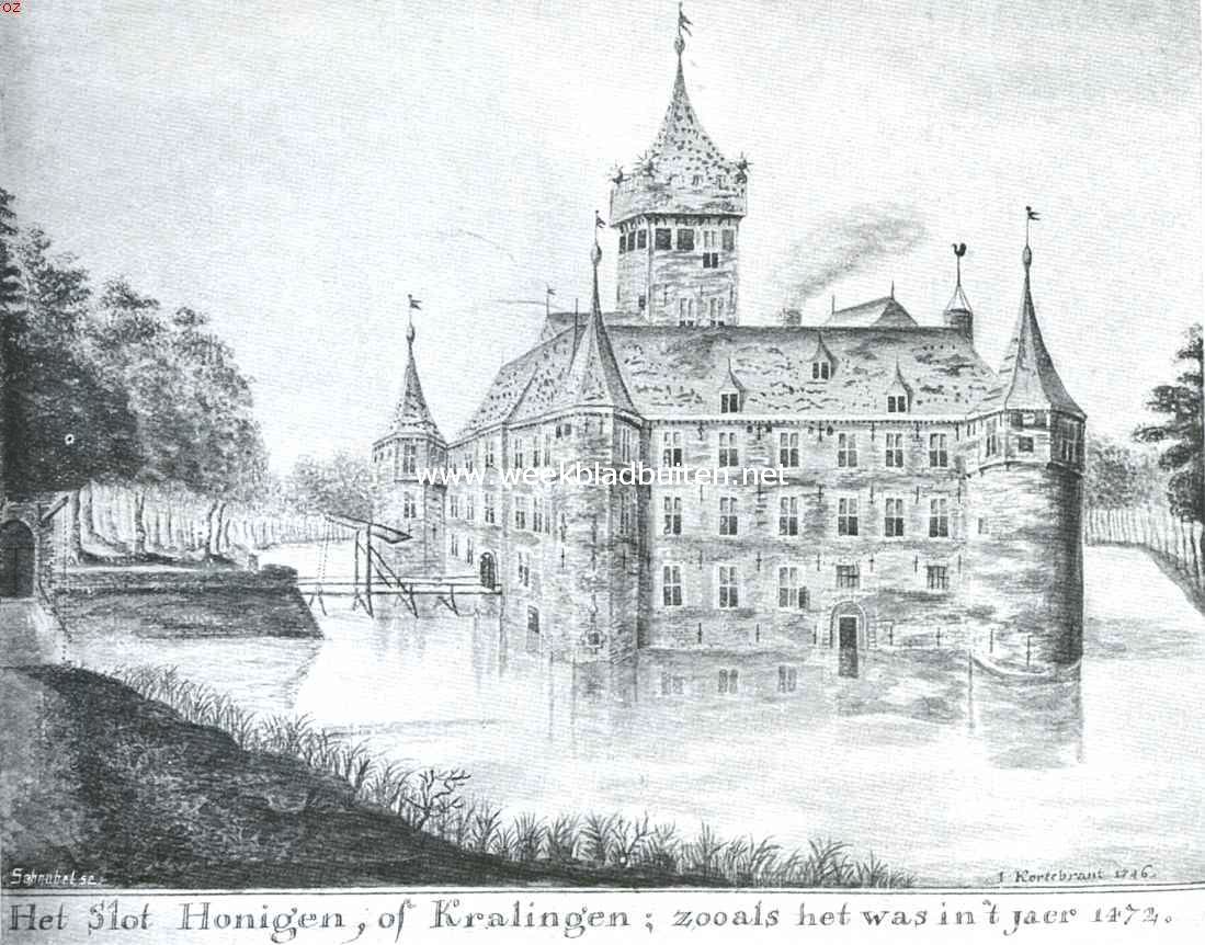 Verdweenen kasteelen om en in Rotterdam. Het Huis te Cralingen, genaamd het slot Honingen. Naar eene gekleurde teekening van J. Kortebrant van 1746, berustende op het gemeente-archief te Rotterdam