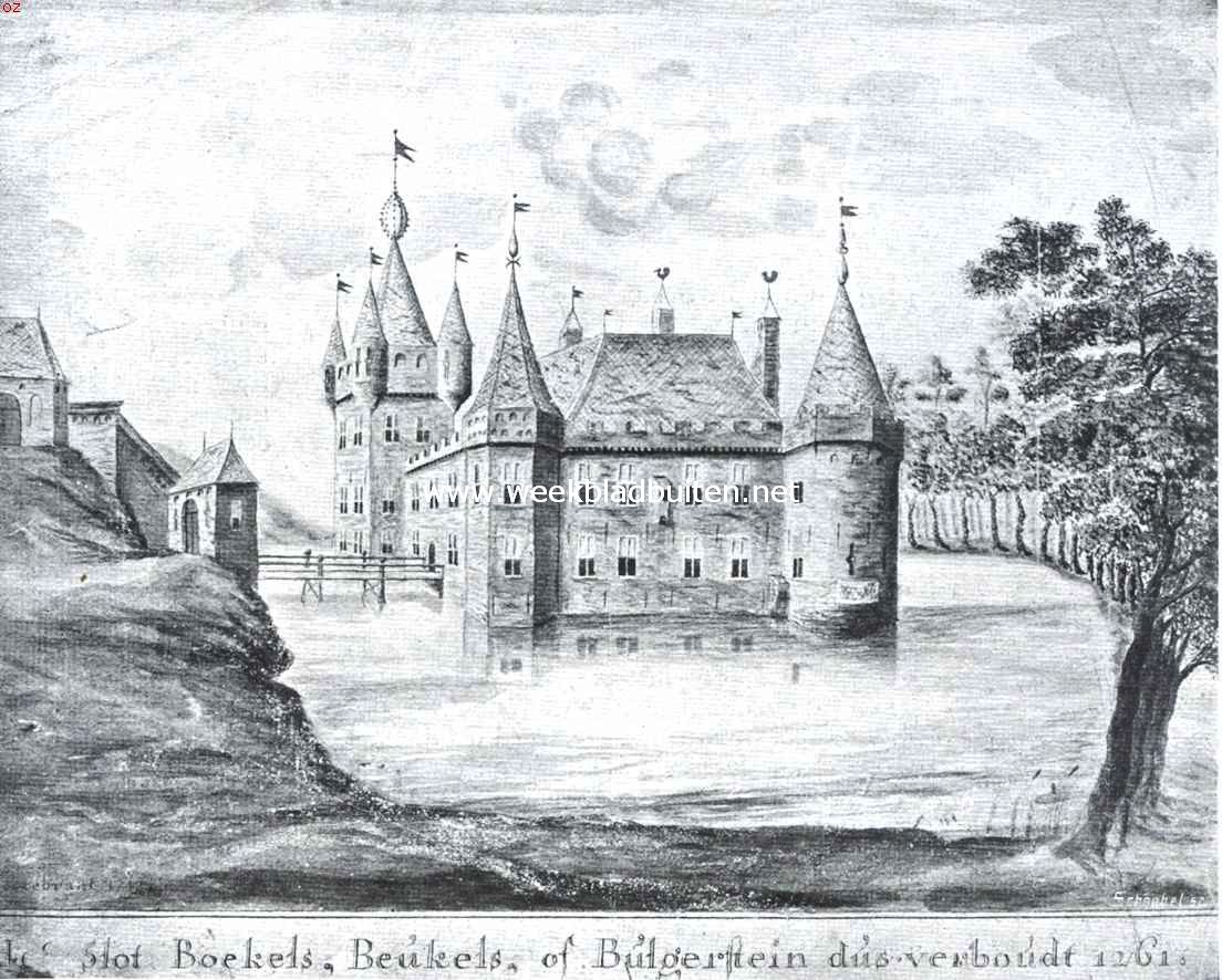 Verdweenen kasteelen om en in Rotterdam. Het slot Boekels of Bulgerstein, zooals het verbouwd werd in 1261. Naar eene gekleurde teekening van J. Kortbrant van 1742, berustende op het gemeente-archief te Rotterdam