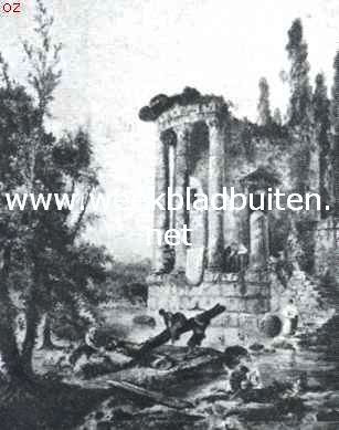 Ontwerp eener moderne schoonheidsleer voor den tuinaanleg. Een schilderij van Hubert Robert. De bekendheid met het klassicisme, waaraan men in de 18e eeuw door gewoonte en geestesneiging gehecht blijft, en aan den anderen kant een tengevolge van uitputting en reactie ontwaakte drang naar natuurlijke schilderachtigheid, leidt tot een overdreven romantische opvatting van de natuur, op zoetelijke wijze aangelegd, om smaakvol te blijven. Claude Lorrain, Nicolas Poussin, en ook Hubert Robert hebben door de landschappen, zooals zij die schilderden, een grooten invloed uitgeoefend op de tuinkunst in het tijdperk dat volgde