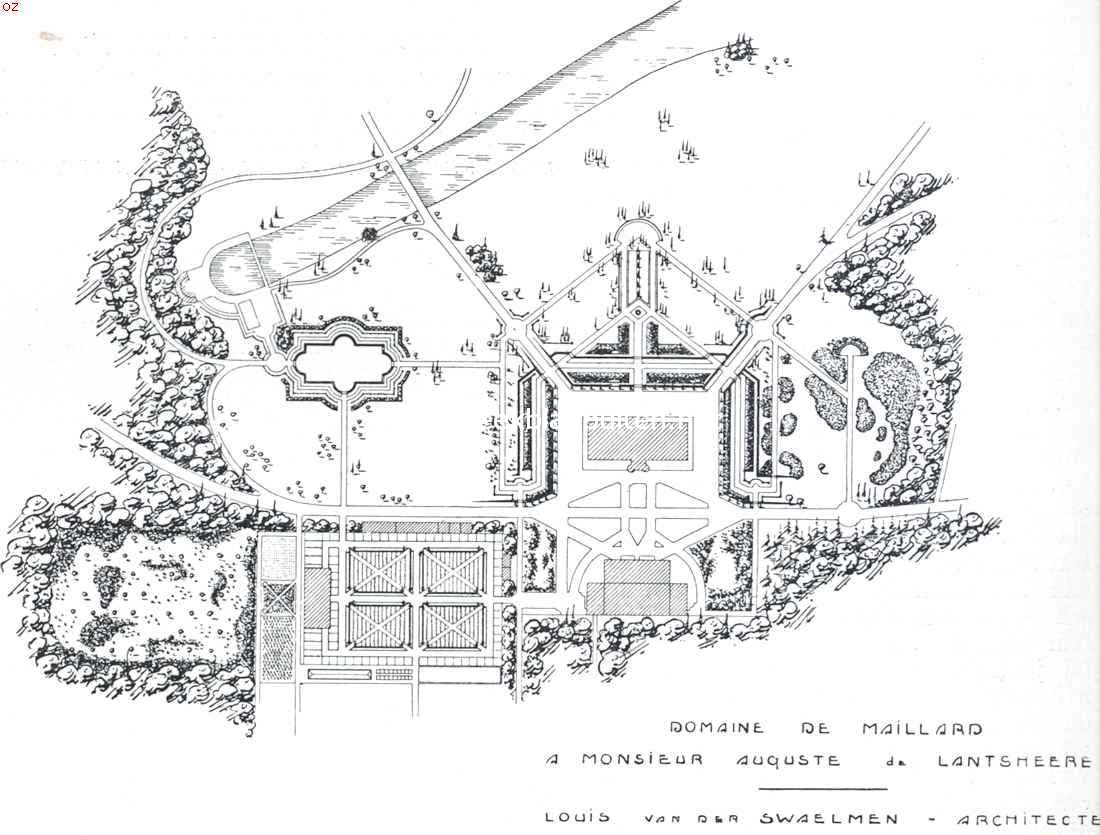 Ontwerp eener moderne schoonheidsleer voor den tuinaanleg. Het domein van Maillard. Gedeelten der tuinen nabij het kasteel. De tuinkunstenaar heeft tot taak, met de door ons beschreven hulpmiddelen, een werk te maken, waarin de gang des levens zelf weerspiegeld wordt, en dat zich niet slechts aanpast aan het karakter van het omringende landschap, maar ook aan het karakter van het huis (indien dat tenminste karakter heeft). En hij bereikt zulks niet door kinderachtige nabootsing van dien stijl, maar door iets te maken, dat in karakter en uitdrukkingswijs bij het gebouw past