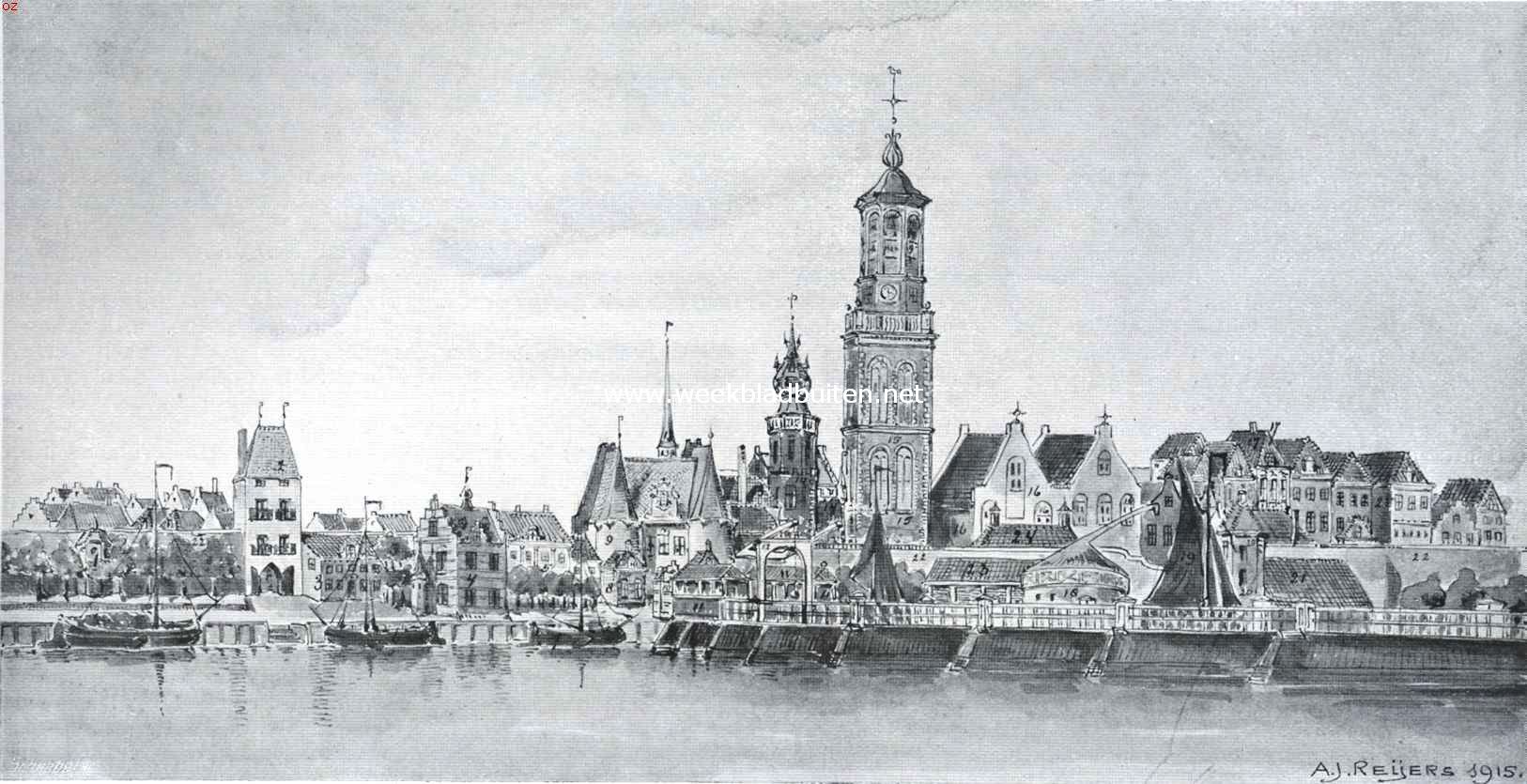 Oud-Kampen aan den Ijsselkant. Kampen aan de Ijsselkade bij de Ijsselbrug. Toestand omstreek 1780. Naar een teekening van den schrijver, ontleend aan een oude penteekening. 1 Vestingpoort (half rondeel), 2 Melkpoort, Enkhuizen Veerhuis, 4 Tolhuis, 5 Oude Stadsherberg, 9 Vischpoort, 14 Schepentoren (v.h. Oude Raadhuis) 15 Nieuwe Toren, 16 H. Geest Gasthuis, 17 Gothische Huis, 18 Kraan, 20 Timmertoren (Kantoor Stadsarchitect)