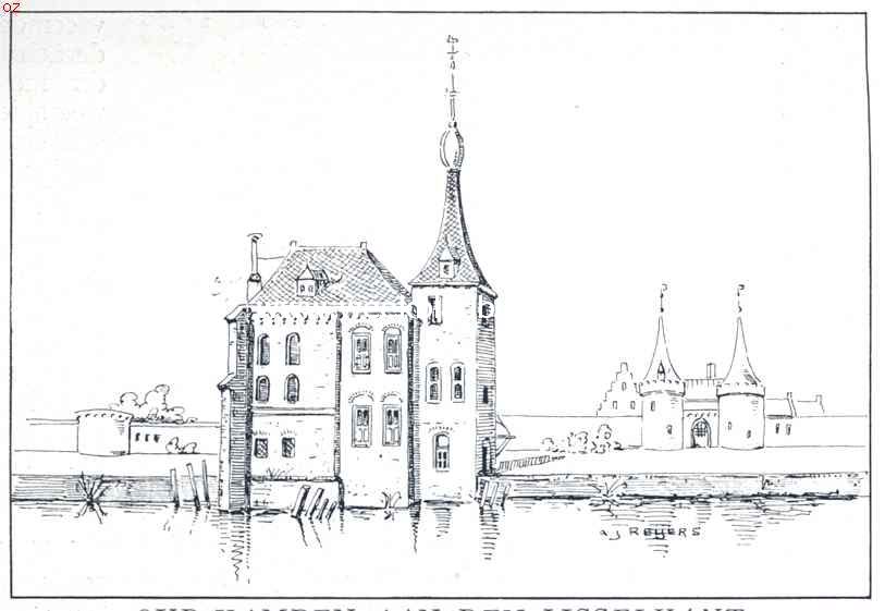 Oud-Kampen aan den Ijsselkant. Het voormalige Tolhuis aan de Ijsselkade, vermoedelijke toestand na de verbouwing in 't laatste der veertiende eeuw. Ontleend aan een oude prent, berustende in 't Museum te Zwolle. Naar een teekening van den schrijver