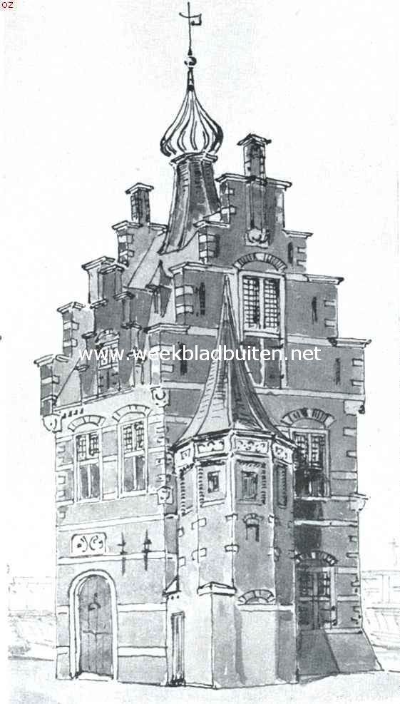 Oud-Kampen aan den Ijsselkant. Voormalig Tolhuis aan de Ijsselkade te Kampen, gezien van de Melkpoort af. Toestand na de verbouwing van 1795. Deze gevels zijn nog vrijwel in den toestand van 1543. Naar een teekening van den schrijver, ontleend aan een teekening van J.J. Fels. De kruisvensters zijn door den schrijver aangebracht. Fels laat houten raamkozijnen van anderen vorm zien