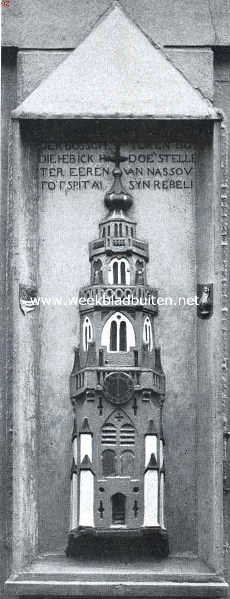 Twee steden van Walcheren. Steen in een huis aan de St. Jacobstraat te Vlissingen. Herinnering aan de daad van den Vlissingschen vaandrig, die in 1629 de Spaansche vlag op den toren te 's Hertogenbosch door de Prinsenvlag verving