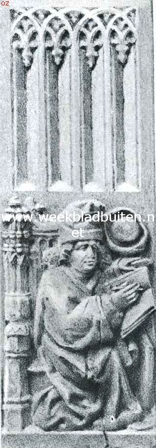 Van Maerlants graf te Damme. Gesneden beeld van  v. Maerlant in een balk van 't Stadhuis te Damme