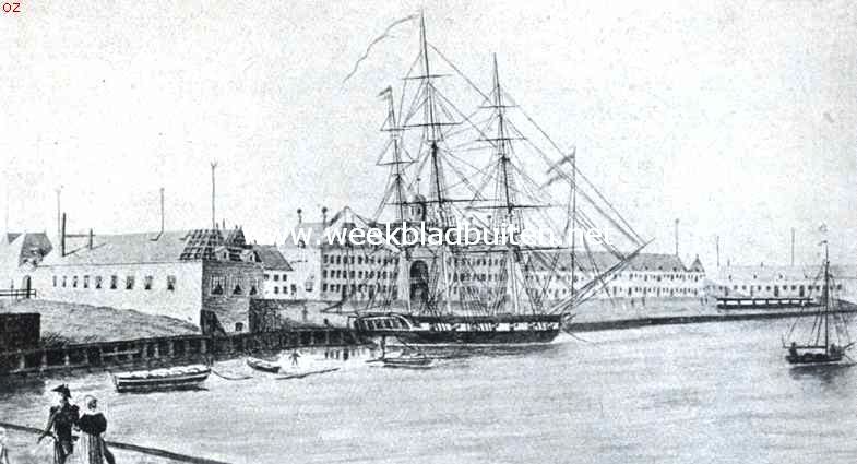Medemblik de oudste. Een kortstondig ontwaken. De Westerhaven met het oefenschip Urania en de gebouwen van het  Instituut voor de Marine tusschen 1828 en 1850. Naar een gekleurde teekening