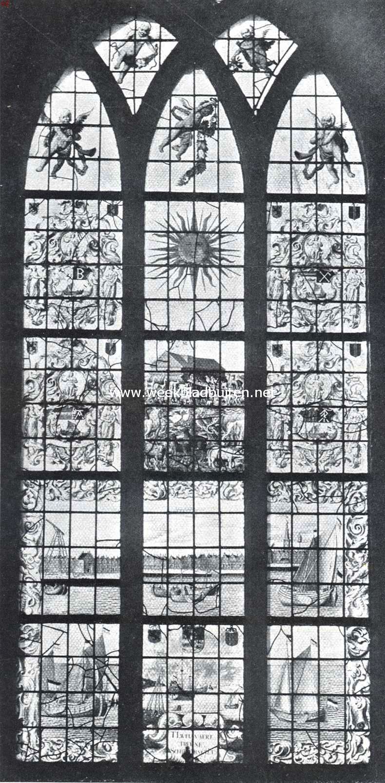 Medemblik de oudste. Een der fraaie geschilderde glasramen in de Hervormde Kerk, met een voorstelling van de Arke Noachs, en (daaronder) een gezicht op Medemblik, van zee uit, in zijn bloeitijd