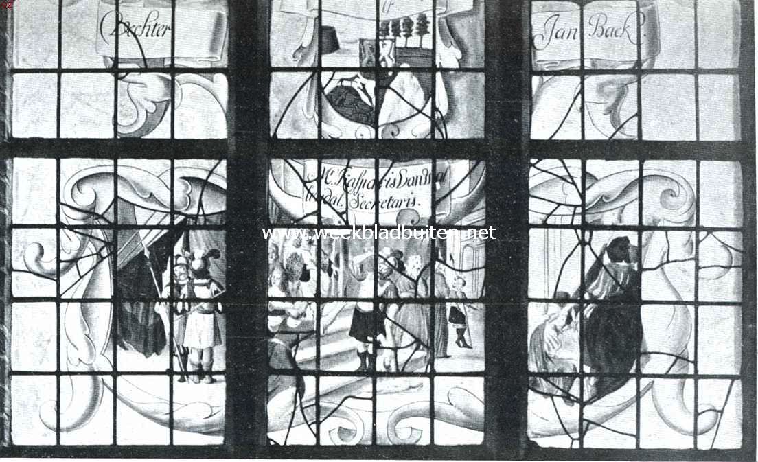 Medemblik de oudste. Gedeelte van een der beschilderde kerkramen in de Hervomde Kerk, met een voorstelling van Salomon's oordeel