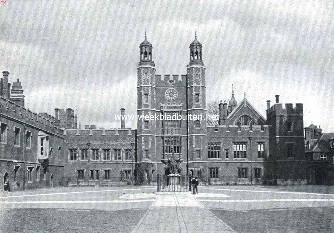 Eton College. Gezicht op een gedeelte der gebouwen met de kapel, waarvoor het standbeeld van den stichter, Hendrik VI