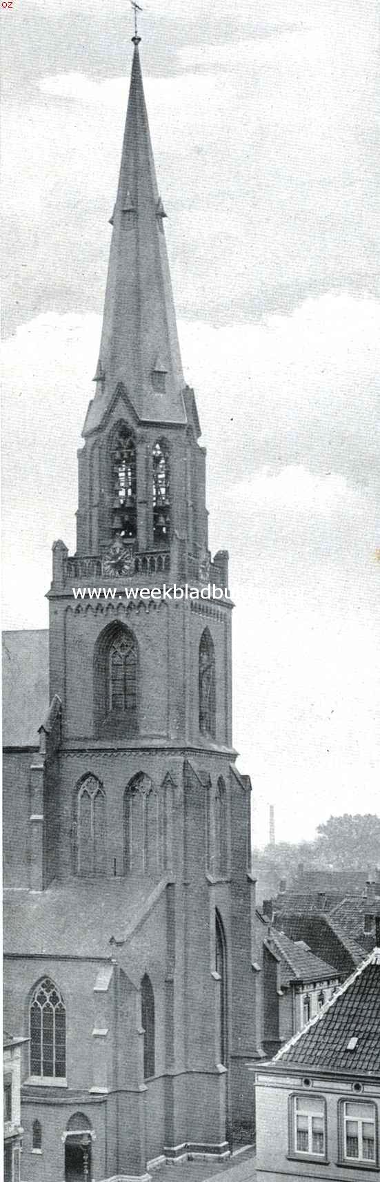 Het klokkenspel. De toren der St. Lambertuskerk te Helmond, met den beiaard van de abdij te Postel, in den Franschen tijd aldaar uit den toren gehaald en verborgen en in 1836 aan de gemeente Helmond verkocht