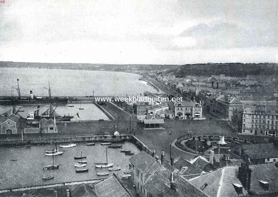 De Kanaaleilanden. Jersey, de haven van St. Helier. Op den achtergrond St. Aubin's baai