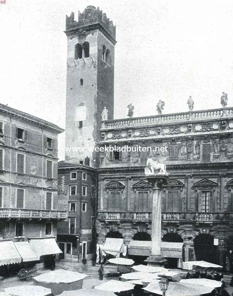 Palazzo Maffei op de Piazza d'Erbe te Verona. Voor het paleis ziet men de zuil met den leeuw van St. Marcus, het teeken der Venetiaansche Republiek, tot welke Verona behoorde. Den 22sten October is het 50 jaar geleden, dat Verona met Veneti bij het koninkrijk Itali werd gevoegd