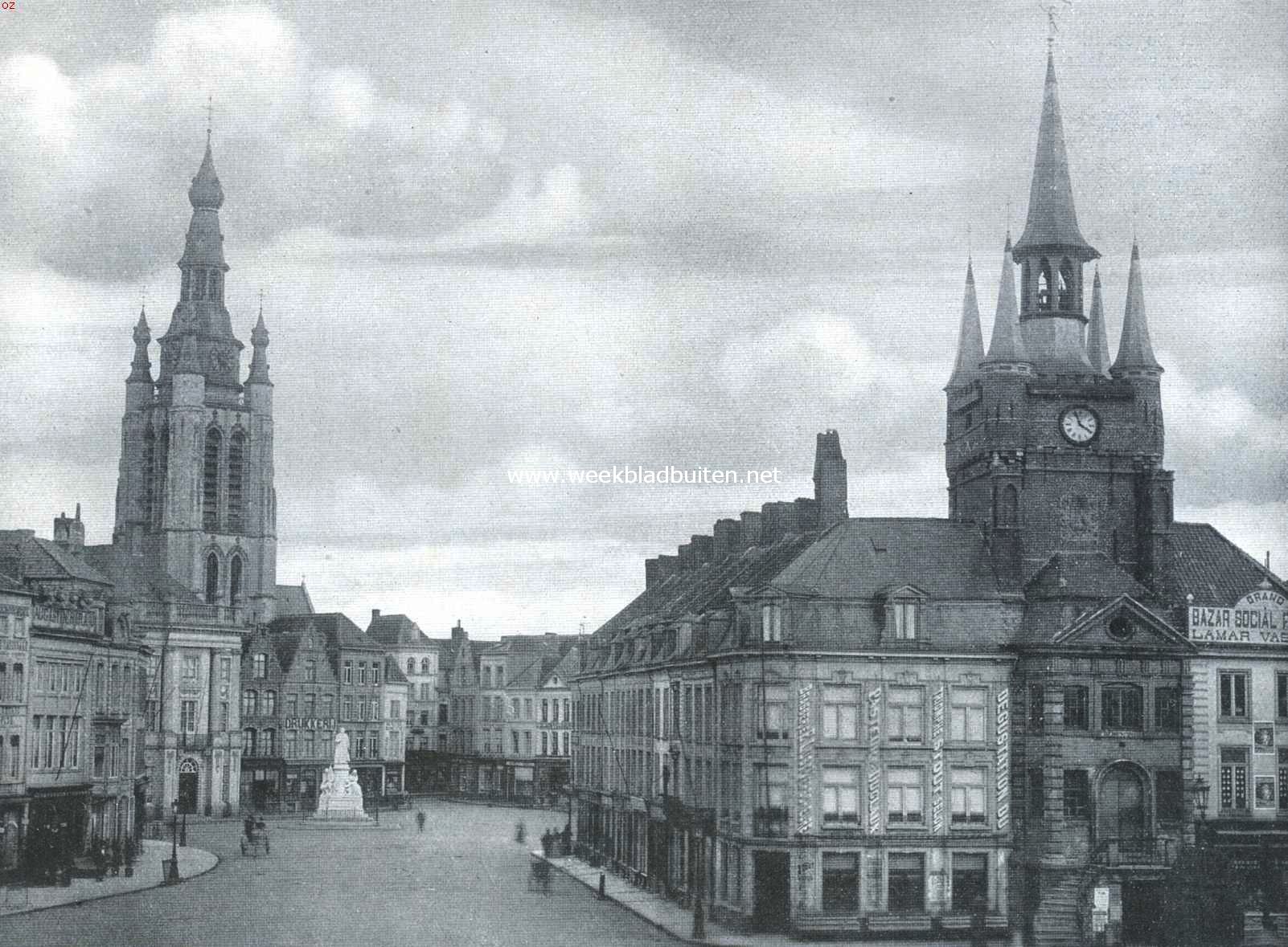 Twee Vlaamsche steden. Kortrijk, Groote Markt met St. Maartenstoren en Halle