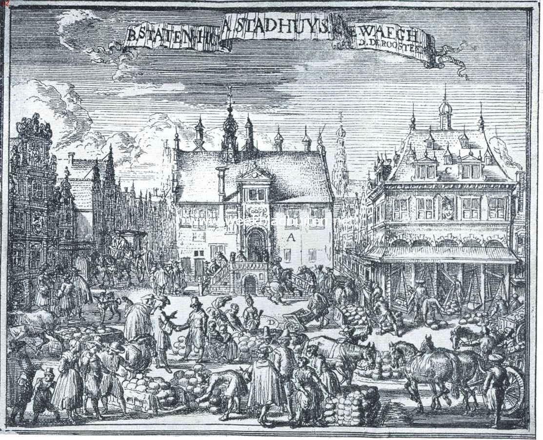 Hoorn, de zeshonderdjarige. Kaasmarkt op de Roode Steen in de 17de eeuw. In het midden het stadhuis, gebouwd omstreeks 1420, met een torentje en hardsteenen trap voorzien in 1544 en gesloopt in 1797. Naar een prent van Rom. De Hooghe in Rijp's Chronyk van Hoorn
