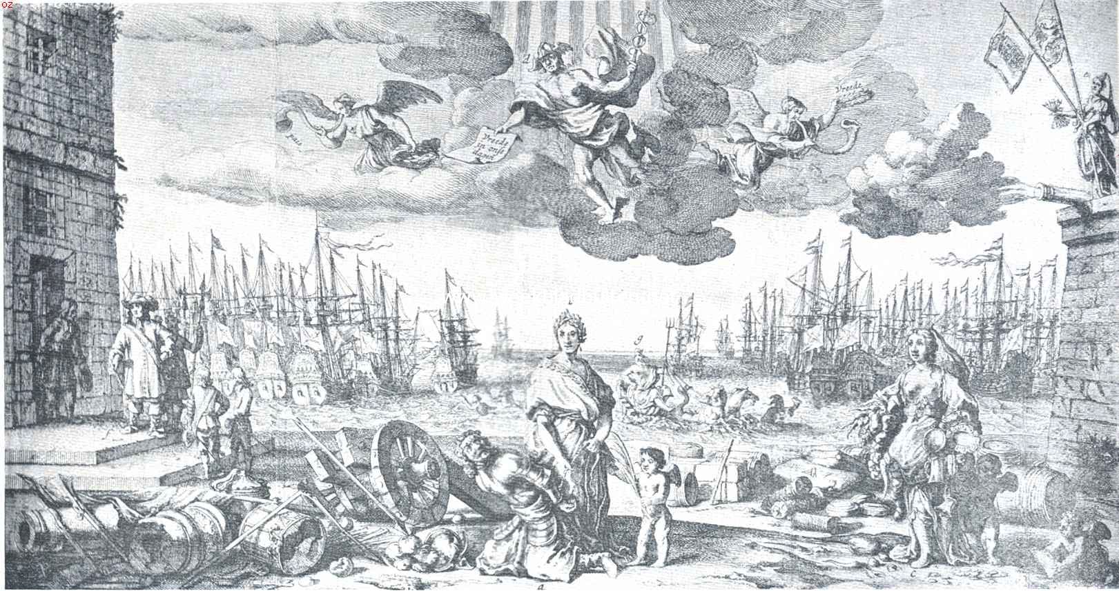 Van vier vredes op Nederlandschen bodem gesloten. Vreede-gezandt, bootschappende de ratificatie der Engelsche en Nederlandsche vreede, uitgewisselt te Breda, den 24 van Oogst-Maendt 1667. A Gebonden Mars, b De Vreede, c De Overvloedt, d Mercurius, e De Maegt der Seven Provincin, f D'ontslaginge van den ridder Ascue, g Neptunus. Naar de kopergravure van S. Savry, met gedicht van G. van Eeckhout uitgegeven t'Amsterdam door Marcus Willemsz. Doornick, Boekverkooper op den Vijgendam