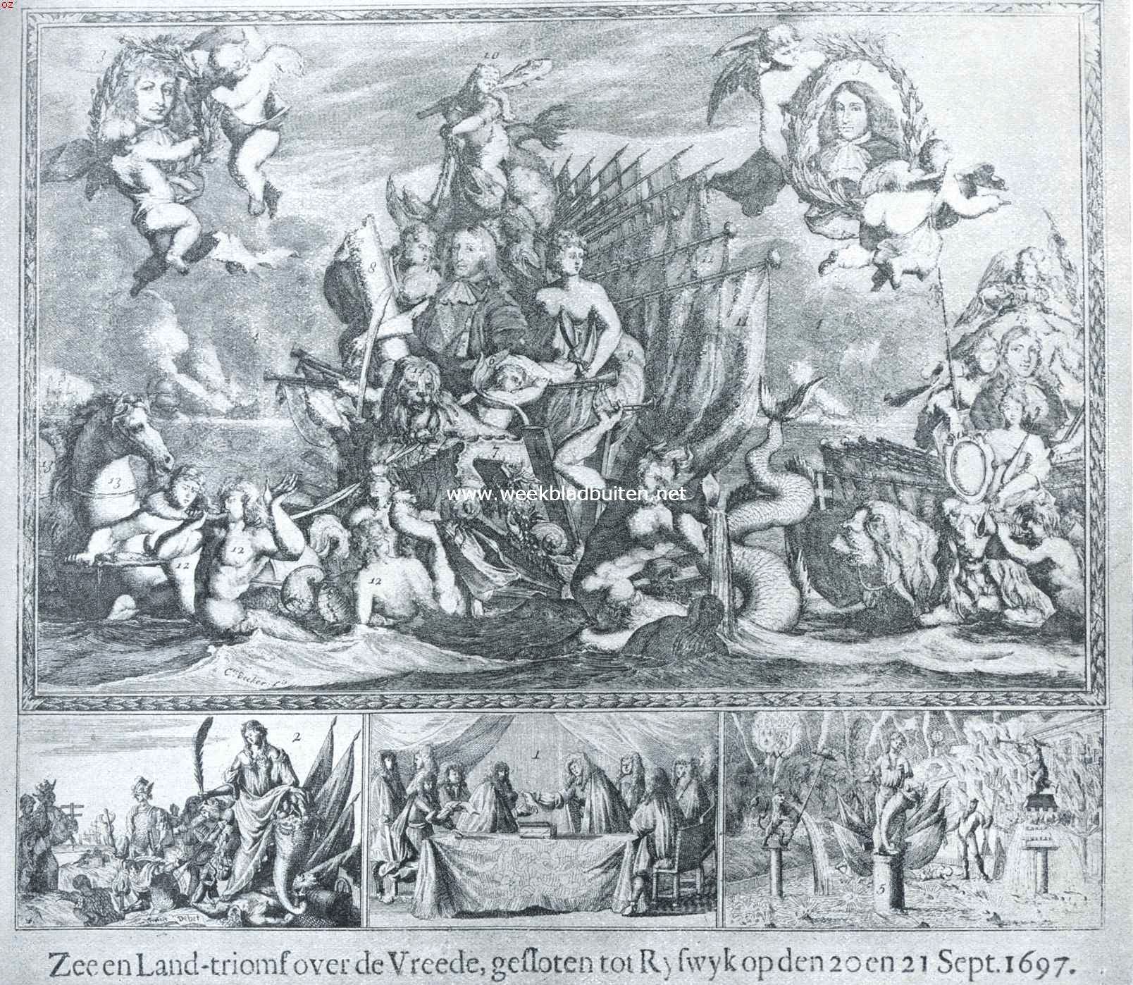 Van vier vredes op Nederlandschen bodem gesloten. Zinneprent op den vrede van Rijswijk, uitgegeven door Jacobus Robijn in de Nieuwe-Brugsteeg te Amsterdam. Verklaringe der cyffergetallen: 1 De Vreede gesloten, geteekent en verzegeld. 2 Zinne-beelden op de vreede. 3 Mediateurs des vredens. 4 Vreugde-vuuren ter see over de vrede. 5 Konstige vuurwerken. 6 Zijne Majesteyd van Groot-Brittanje. 7 Een zeekaros. 8 Gods-dienst. 9 Voorzichtigheyd. 10 De deugd. 11 Verwonnen vanen. 12 See-goden en godinnen. 13 Zee paarden. 14 De Nederlandsche leeuw. 15 Triomph der Land en Zee helden