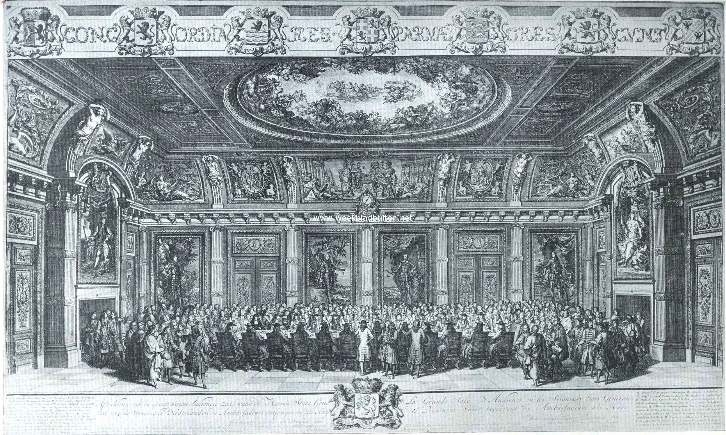 Van vier vredes op Nederlandschen bodem gesloten. Ontvangst van de ambassadeurs bij het Vredescomgres van Rijswijk in de toen juist voltooide Trveszaal op het Binnenhof door de Hoogmogende Heren der Staten-Generaal. Naar de ets van D. Marot in het Rijksprentenkabinet