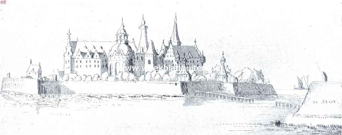 Het Kasteel te Breda, gezien van den tegenwoordigen havenkant, tijdens de Vredesconferentie. Naar een penteekening, vermoedelijk van J. de Grave, in het archief van het Prov. Genootsch. voor Kunsten en Wetenschappen te 's Hertogenbosch