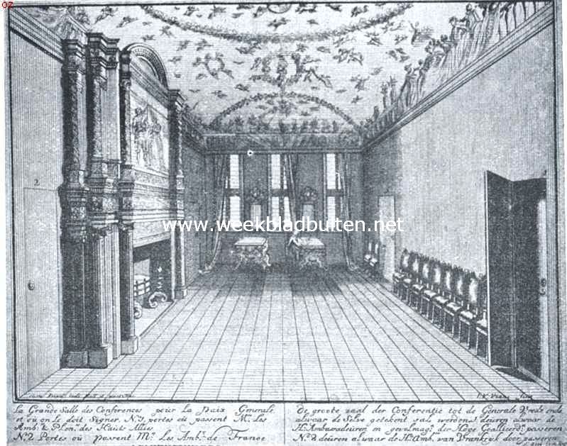 Het Huis ter Nieuwburg. Zalen in het Huis ter Nieuwburg tijdens de Vredesconferentie in 1697. Naar gravures van I. van Viane in het Rijksprentenkabinet 1