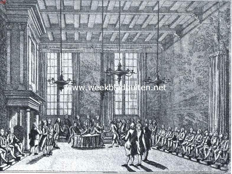 Waar de Vrede van Utrecht gesloten werd. De zaal van het oude stadhuis te Utrecht, waar in 1712-'13 de Algemeene Vergaderingen van het Vredescongres gehouden zijn. Naar een gravure uit 1783 van De Wit in den hist. atlas der gemeente Utrecht