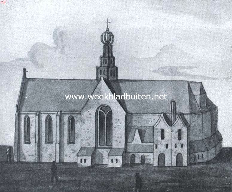 Waag en Kaasmarkt te Alkmaar. Het Heilige Geesthuis met drie aangebouwde huizen aan de Zuidzijde van het koor, omstreeks 1558. Naar een aquarel door C.W. Bruinvis, naar een schetsmatige teekening in het gemeente-archief te Alkmaar