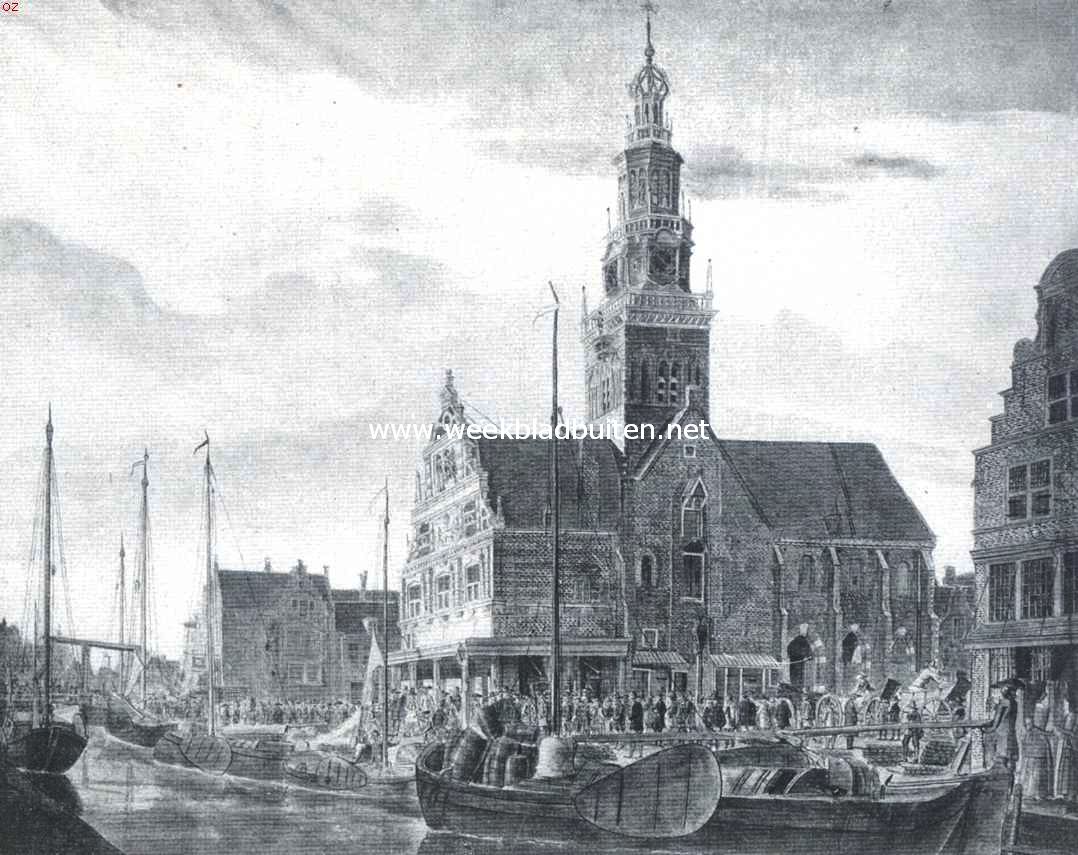 Waag en Kaasmarkt te Alkmaar, omstreeks 1800. Naar een aquarel door J.A. Crescent, in het bezit van de heer H.W. Holsmuller te Alkmaar