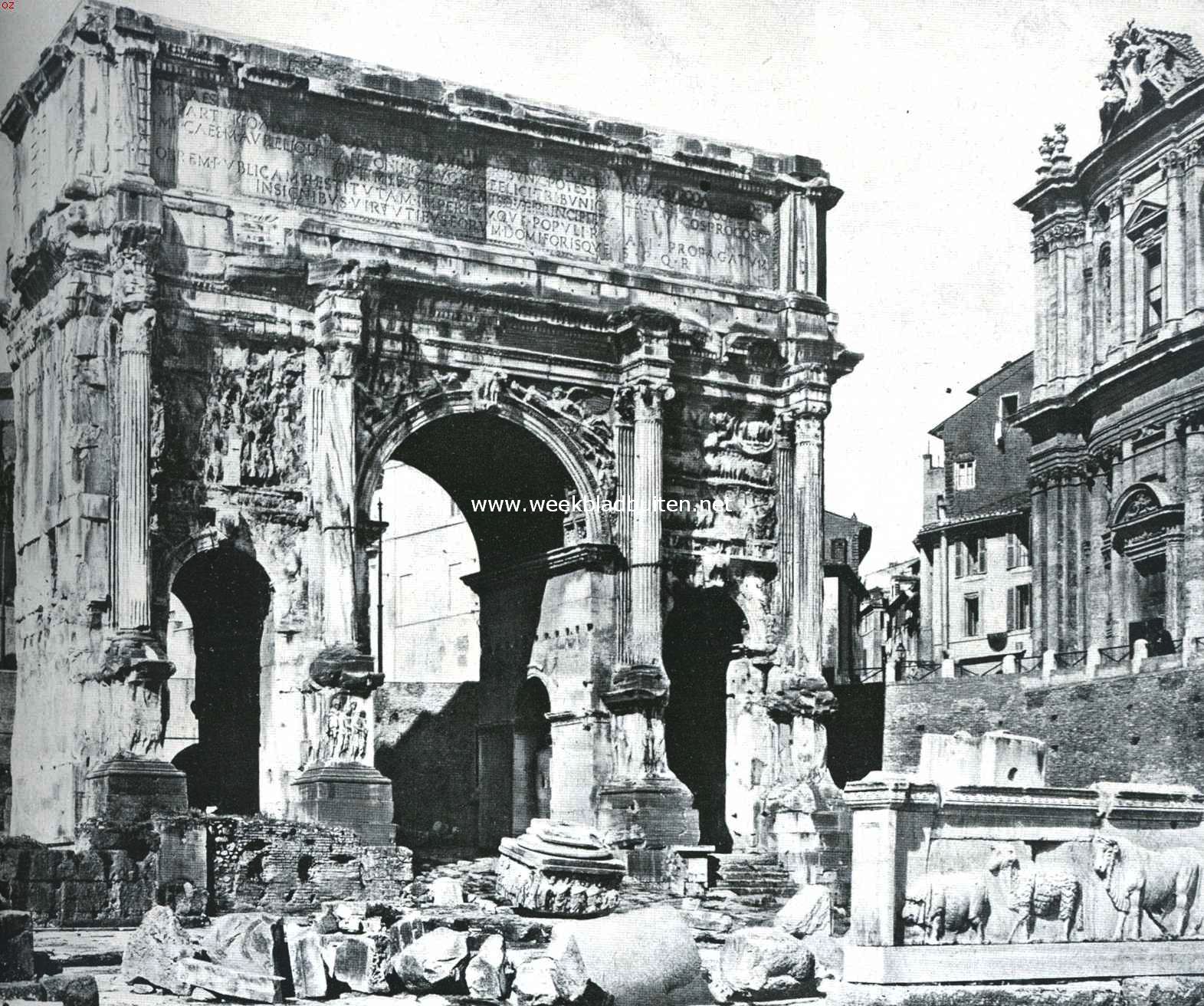 Triomfen en Triomfbogen. Boog van Septimus Severus, in 203 N. Chr. Aan hem en zijn zonen Geta en Caracalla gewijs, naar aanleiding van de op de Parthen behaalde zege. In 212 werd de naam van Geta uitgebeiteld, na diens vermoording door zijn broeder Caracalla