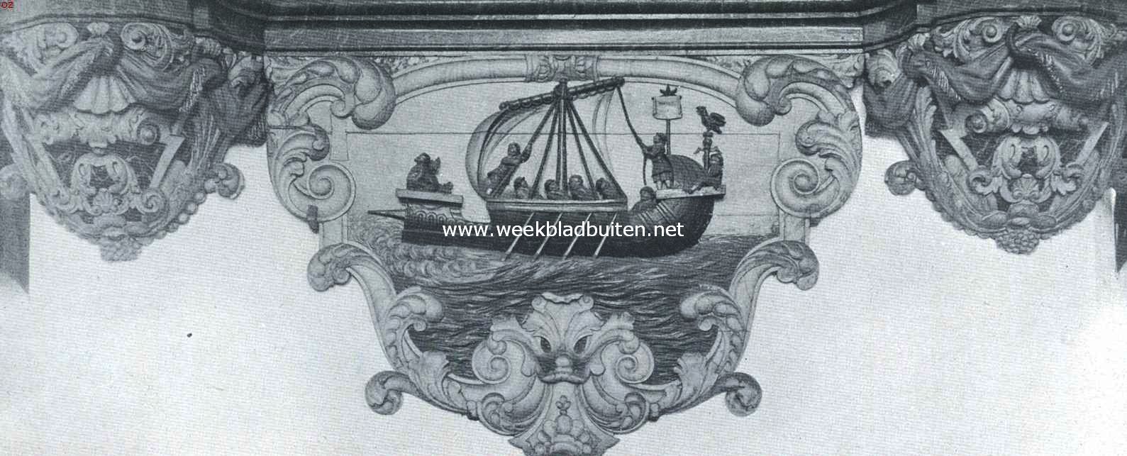 Hervormde Renaissancekerken in Nederland, als zelfstandig bouwwerk gesticht. Gedeelte van een der borden in de kerk te Maassluis met voorstelling van een Viking-schip