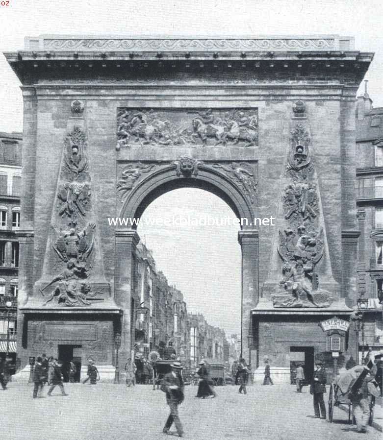 Triomfen en Triomfbogen. Triomfboog te Parijs, in 1672 opgericht voor Lodewijk XIV, op de plaats van de oude Porte Saint-Denis, ter herinnering aan den veldtocht in de Nederlanden, waarop de afbeeldingen op het bouwwerk ook betrekking hebben