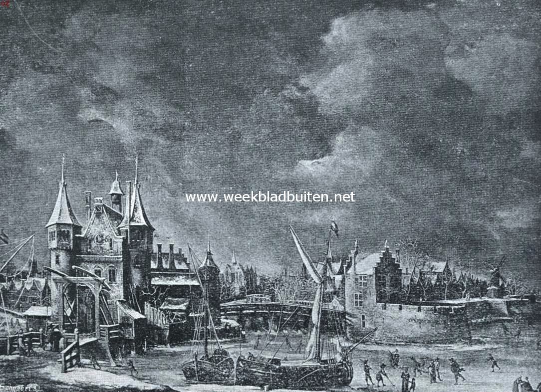 Amsterdamsche poorten. De oude Binnen-Regulierspoort (gebouwd omstreeks 1482 en in 1618 door brand verwoest), gezien van het zuiden. Naar de schilderij door Anthonie Beerstraten in het Rijksmuseum