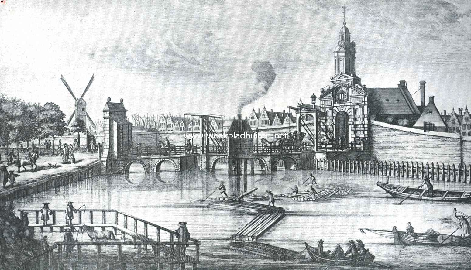 Amsterdamsche poorten. De Oude Haarlemmerpoort, (gebouwd 1615-1618, gesloopt in 1837), in de zeventiende eeuw. Naar de gravure uit Commelin