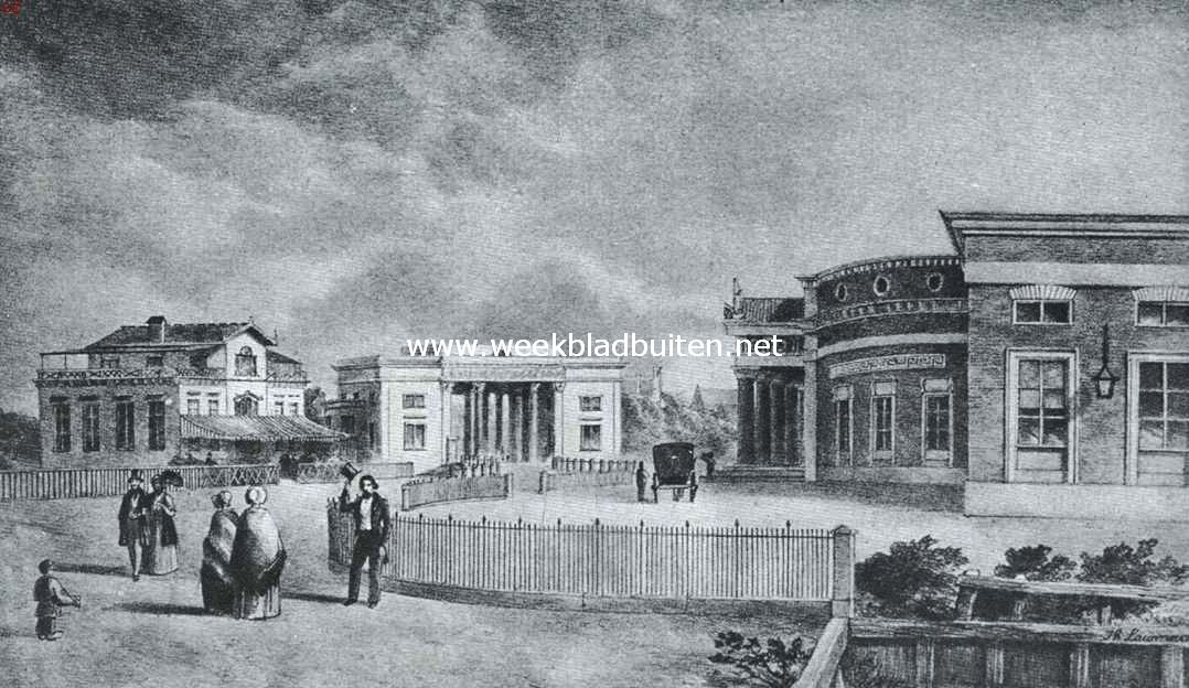 Amsterdamsche poorten. De Haarlemmer- of Willenspoort en het station van den Holl. Spoorweg. Steendruk van omstreeks 1850