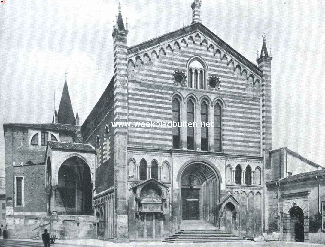 Verona. De Groote St. Fermuskerk, Romaansche stijl 1065(?)-1143. Links van den ingang de sarcophaag van Avemtino Fracastoro, lijfarts van Can Grande I (1368)