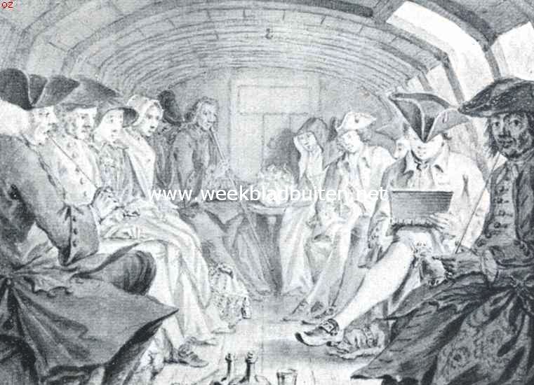 De trekschuit Amsterdam-Haarlem. Simon Fokke met zijn vrienden in de trekschuit. Teekening van hem zelf, 1759. Coll. Splitgerber, Amsterdam )