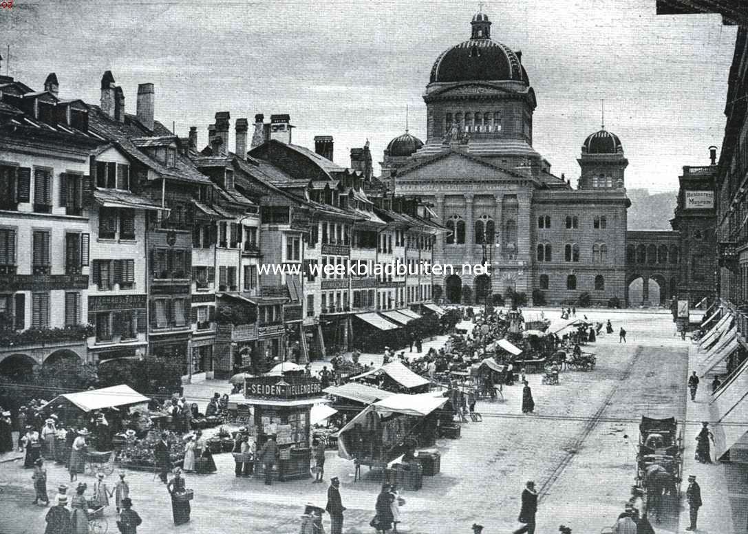 Bern. Markt, met - op den achtergrond - het Parlementsgebouw