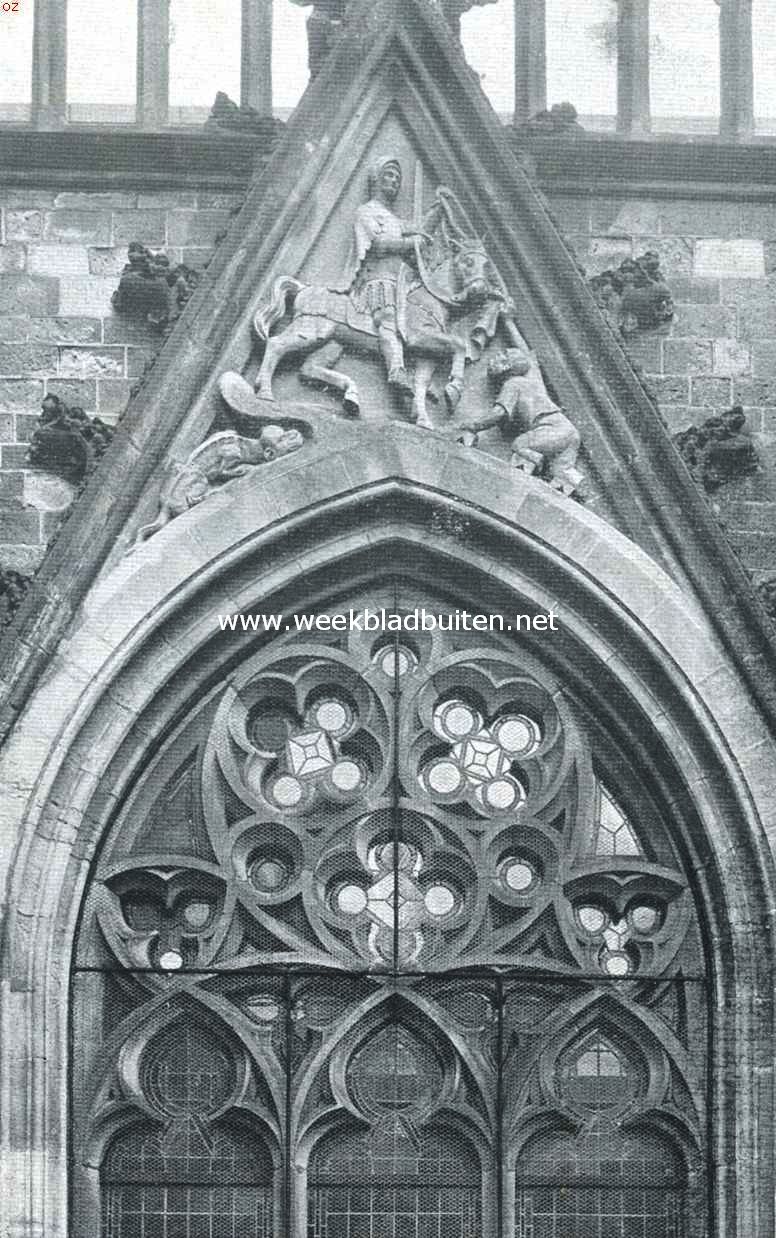 Legende van den kloostergang. Venster van den kloostergang te Utrecht, in welks tympaan St. Maarten uitgebeeld is, zijn mantel met een arme deelende