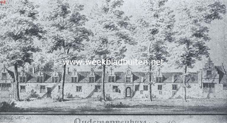 Monnikendam. Het Oude Mannenhuis eenige jaren voor de slooping. Naar de teekening van C. Pronk (1728)