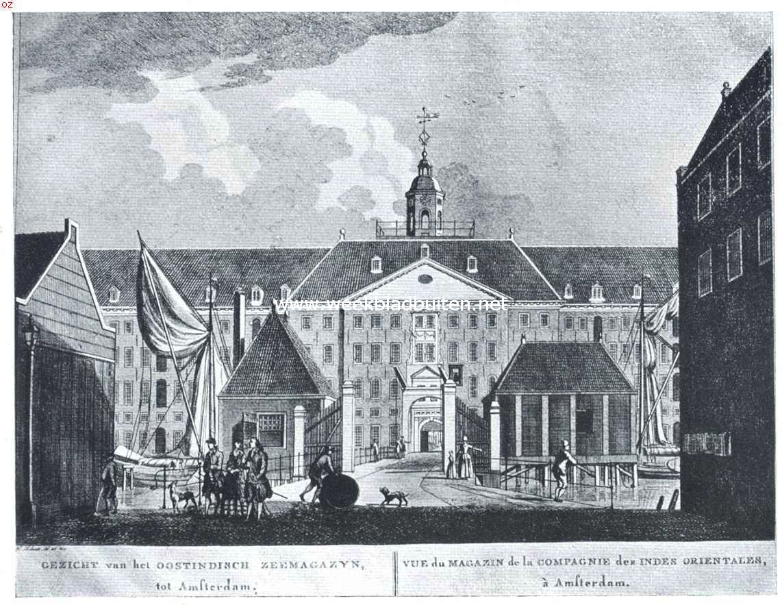 De gebouwen der Oost-Indische Compagnie. Gezicht uit de Oostenburgermiddenstraat op het Oost-Indisch Zeemagazijn of Buitenhuis te Amsterdam, ingestort 13-14 April 1822. Gravure naar de teekening van H. Schouten. Uit den atlas Fouquet