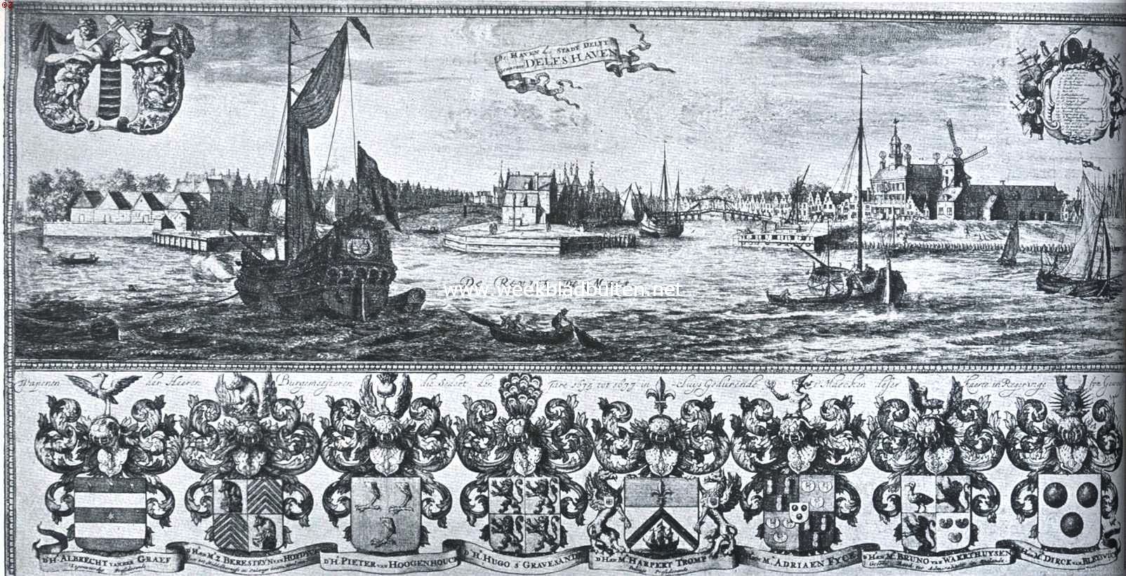 De haven der stadt Delft, genaemt Delfshaven, in 1675. Het gebouw rechts met het torentje, bij den molen, is het zeemagazijn van de kamer Delft der O.-I. Compagnie