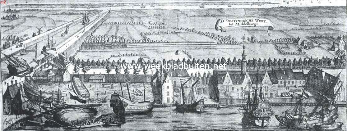 De Oost-Indische werf te Middelburg, met zijn gebouwen in het einde der zeventiende eeuw. Op den achtergrond links de - thans geheel droge - haven; rechts daarvan de lijnbaan der Compagnie. Naar de gravure in Smallegange's kroniek