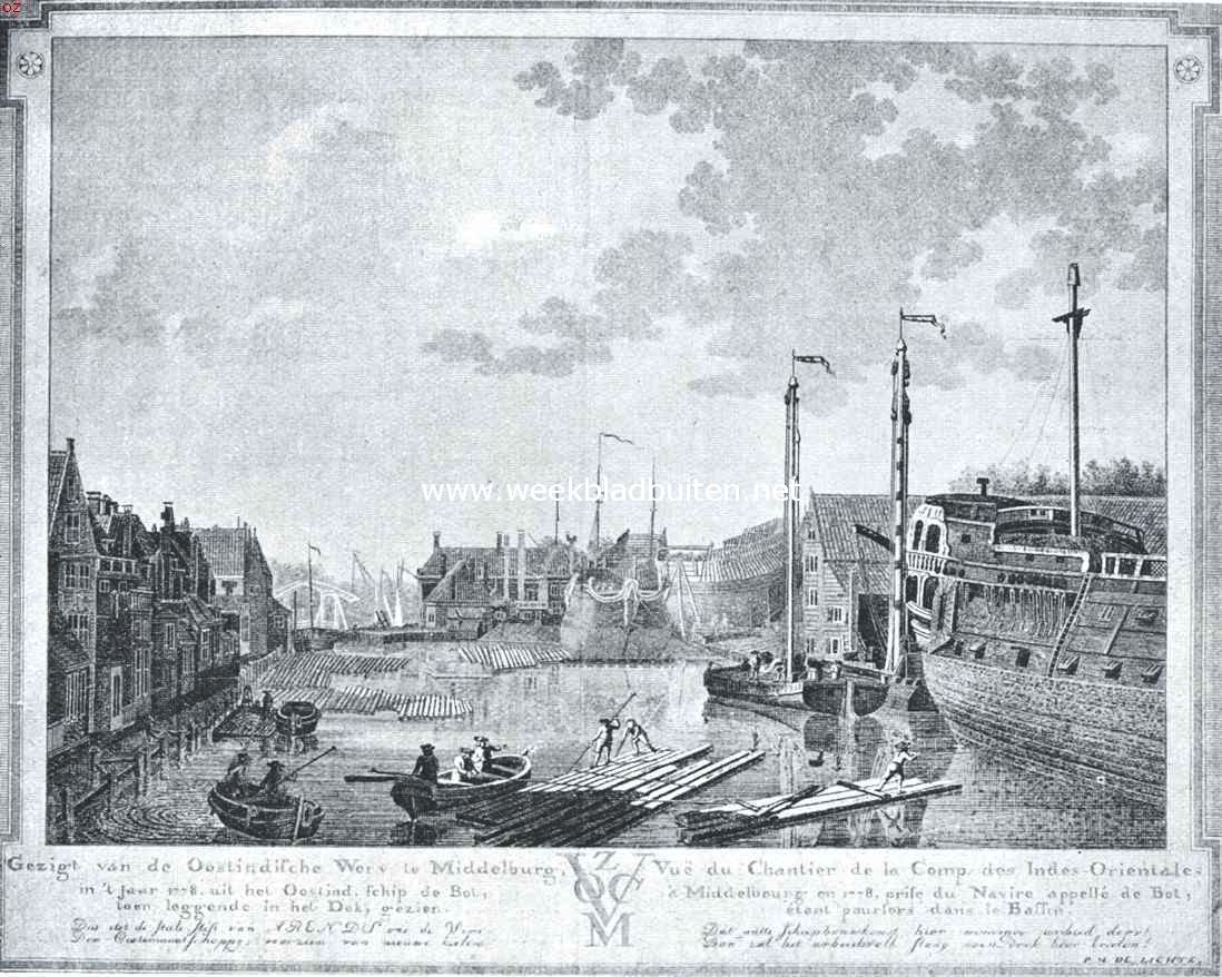 Het Dok met Oost-Indische werf te Middelburg in de tweede helft der achttiende eeuw. Links de achterzijde van de huizen aan den Kinderdijk. In 't midden het huis van den opperequipagemeester, achterzijde. Naar de gravure van J. Arends