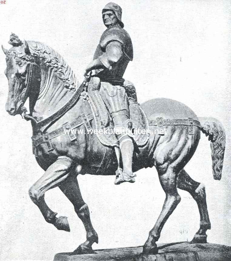 Het paard in de beeldende kunst. Het ruiterstandbeeld van den condottiere Colleoni te Veneti, vervaardigd door Andrea del Verrochio (ongeveer 1470). Dit beeld is onlangs uit Veneti naar veiliger oorden vervoerd